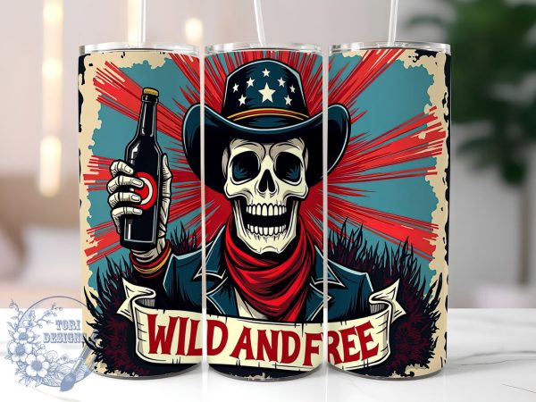 Skeleton Cowboy Tumbler, July 4th Design, Patriotic Tumbler Wrap, Beer Tumbler, 20oz Skinny Tumbler, Wild and Free Flag, Sublimation PNG Sale