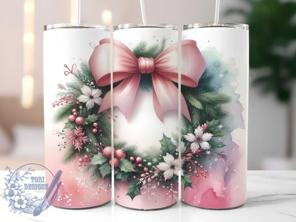 Pink Christmas Tumbler, Christmas Wreath Design, 20oz Tumbler Wrap, Holiday Drinkware, Festive Decor, Cute Holiday Gift, Winter Sublimation PNG Online