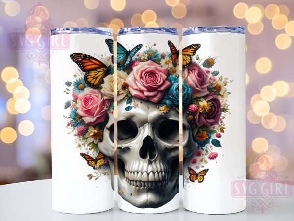 Skull With Flower 20oz Tumbler Wrap Sublimation Design, Straight Tapered Tumbler Wrap, Funny Skull Tumbler Png, Instant Digital Download For Discount