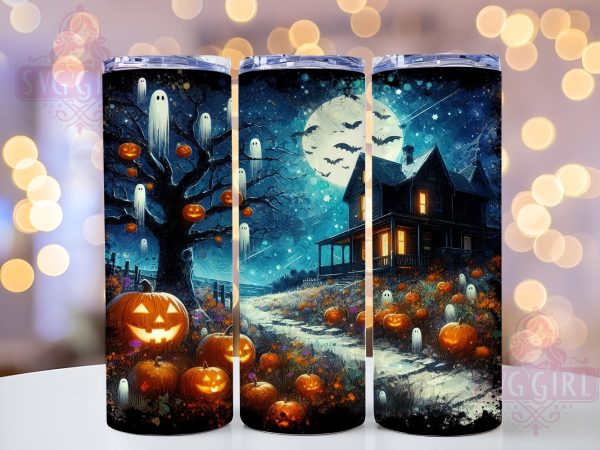 Haunted Pumpkin House 20oz Tumbler Wrap Sublimation Design, Straight Tapered Tumbler Wrap, Ghosts and Bats Tumbler Png, Instant Digital Download For Discount