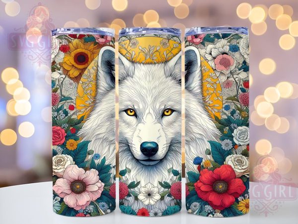 White Wolf Flower 20oz Tumbler Wrap Sublimation Design, Straight Tapered Tumbler Wrap, Vintage Wolf Tumbler Png, Instant Digital Download For Cheap