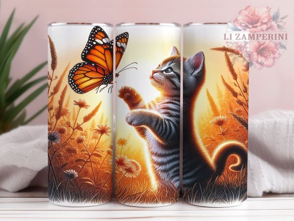Cat Butterfly 20oz Tumbler Wrap PNG, Cute Cat Tumbler Png, Straight & Tapered Tumbler Wrap, Instant Digital Download Online