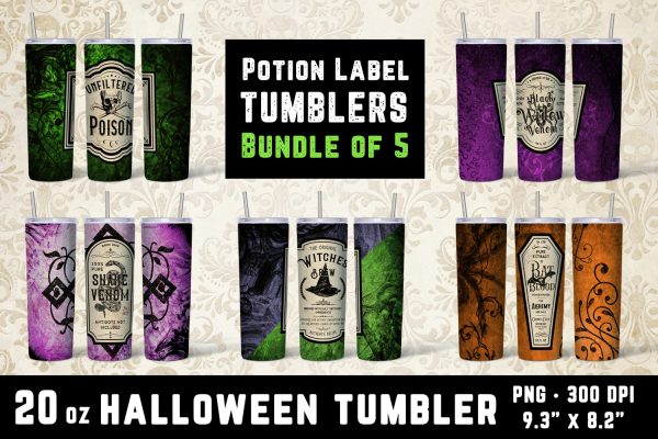 Halloween Tumbler Wrap Bundle - 5 Potion Label Tumbler Wraps Fashion